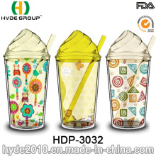 Tasse de crème glacée libre de BPA en gros, gobelet de jus en plastique de double mur avec la paille (HDP-3032)